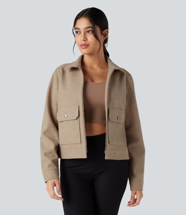 Long Sleeve Zipper Fleece Casual Jacket with Pockets