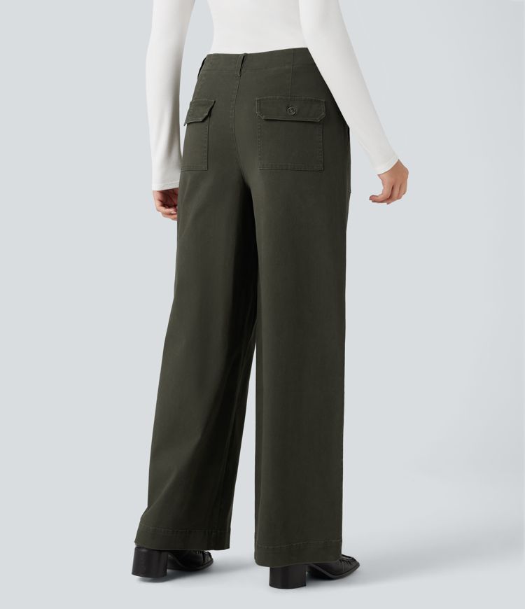 Mid Rise Wide Leg Casual Chino Cotton Pants with Pockets