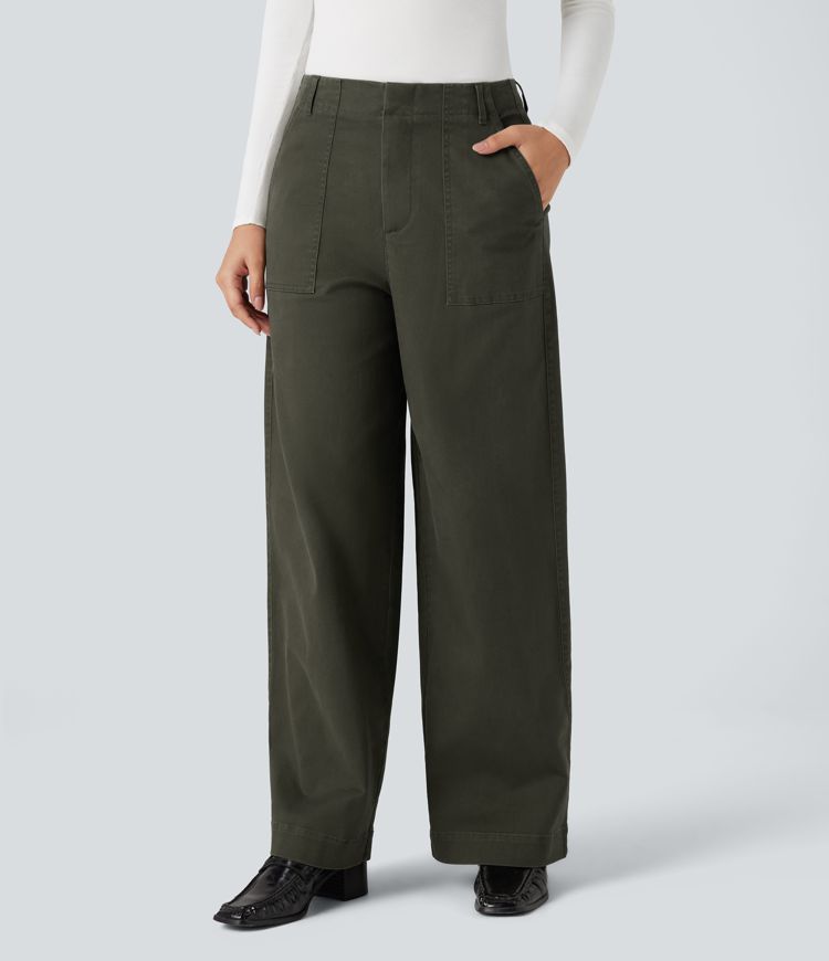 Mid Rise Wide Leg Casual Chino Cotton Pants with Pockets