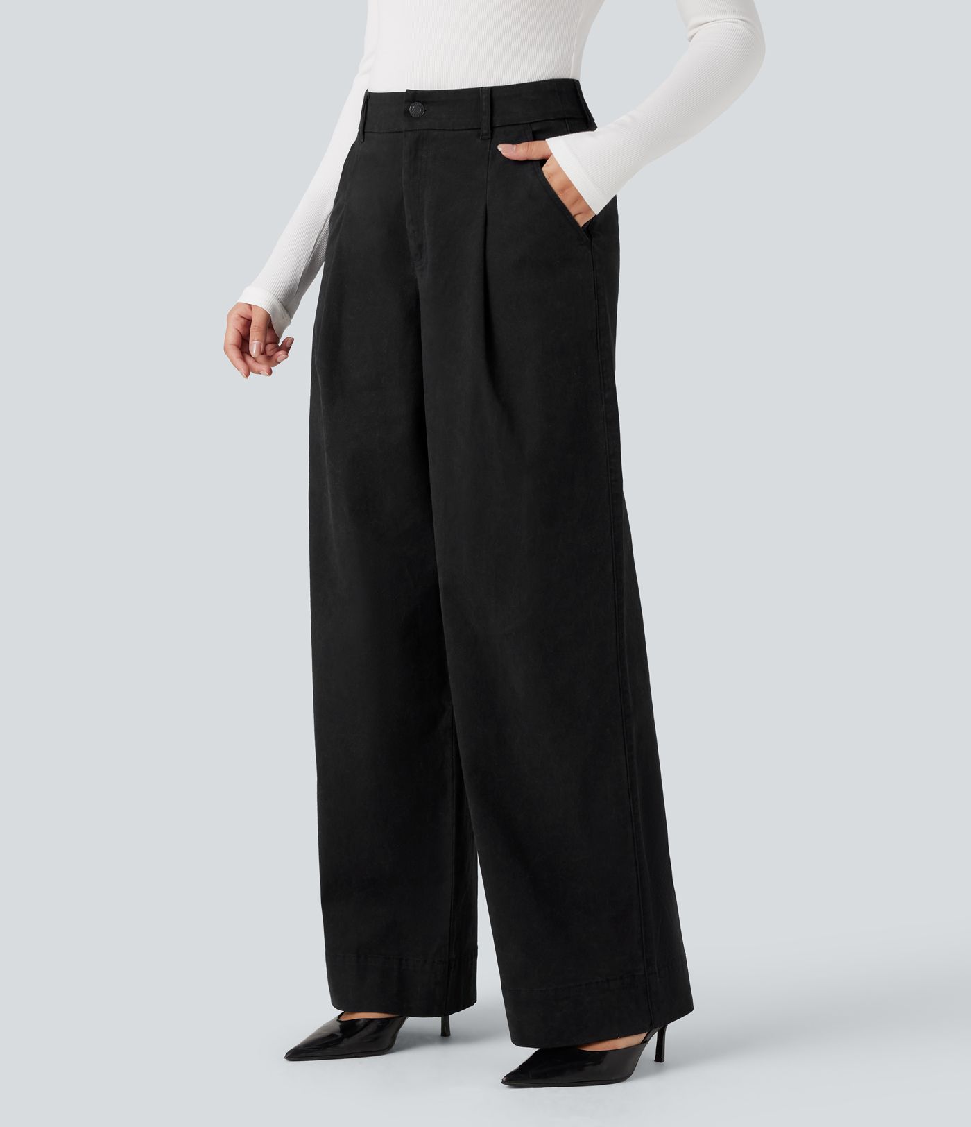 High Waisted Wide Leg Casual Chino Cotton Trousers with Pockets