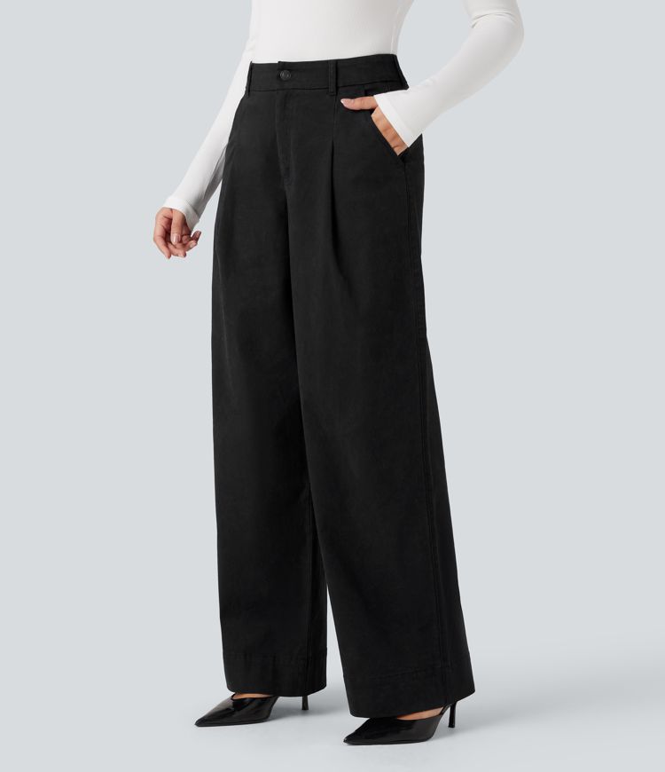 High Waisted Wide Leg Casual Chino Cotton Pants with Pockets