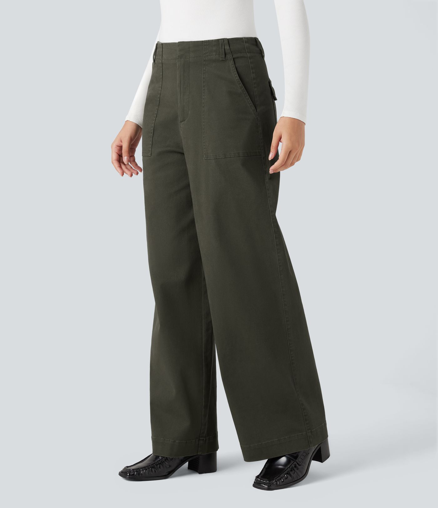 Mid Rise Wide Leg Casual Chino Cotton Pants with Pockets
