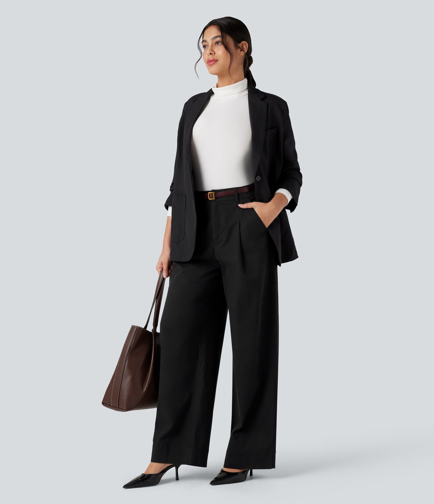 High Waisted Wide Leg Casual Chino Cotton Trousers with Pockets