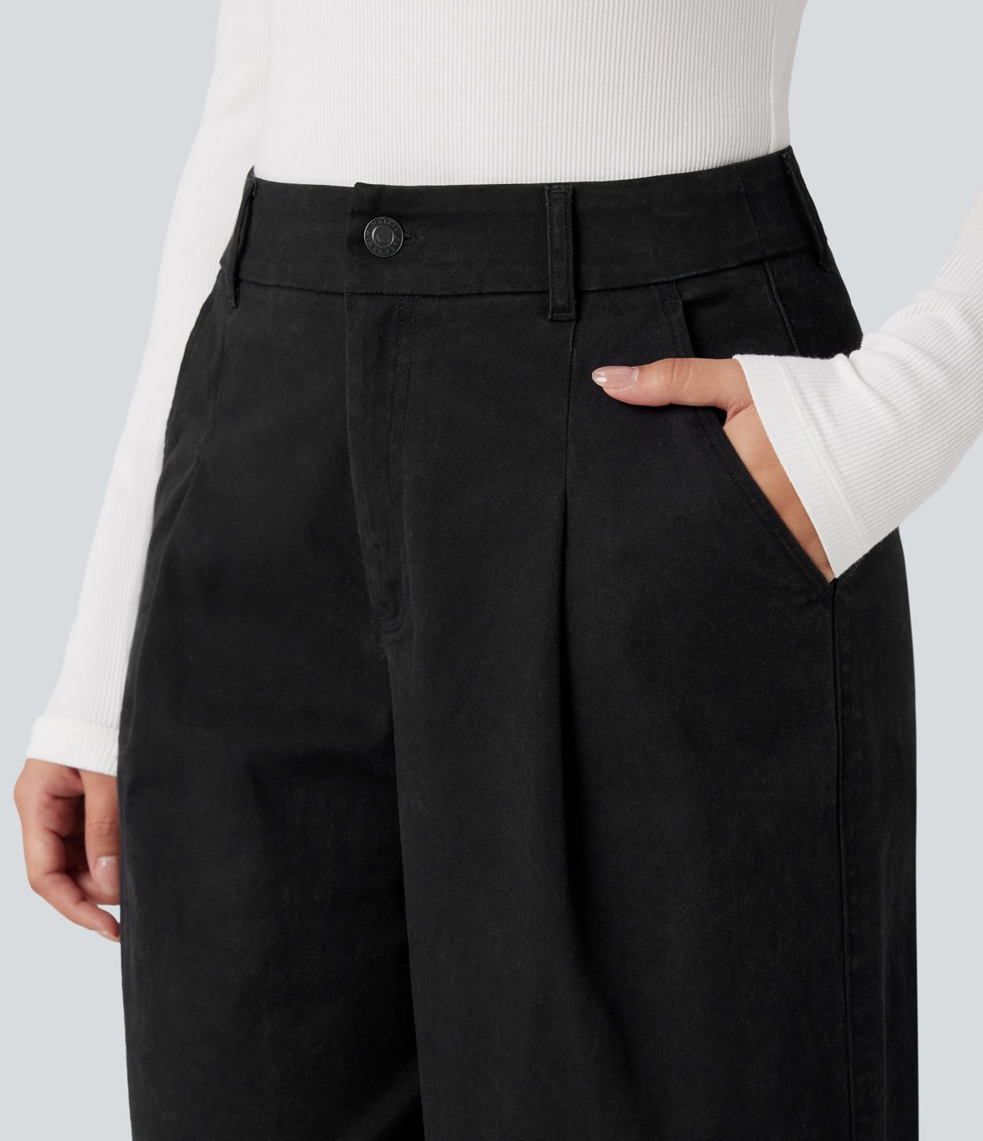 High Waisted Wide Leg Casual Chino Cotton Trousers with Pockets