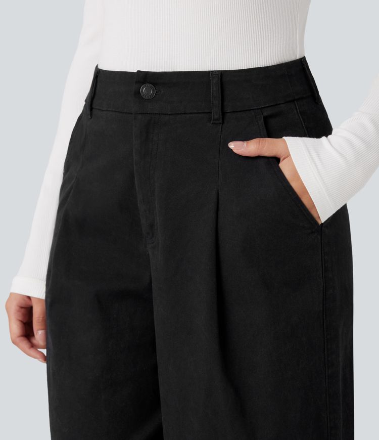 High Waisted Wide Leg Casual Chino Cotton Pants with Pockets