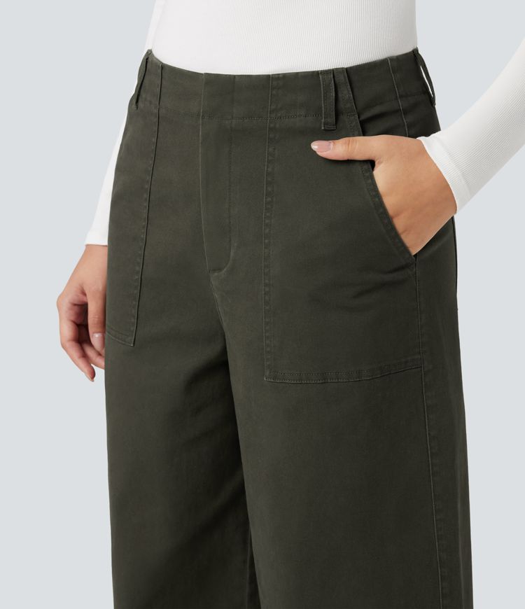 Mid Rise Wide Leg Casual Chino Cotton Pants with Pockets