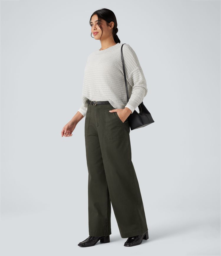 Mid Rise Wide Leg Casual Chino Cotton Pants with Pockets