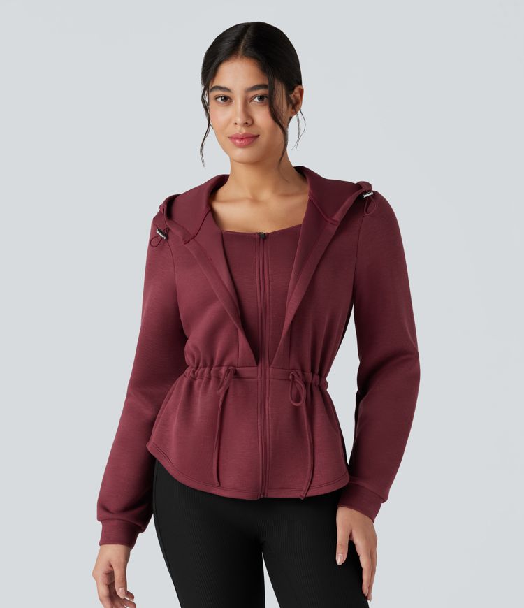SpacerTek™ Hooded Long Sleeve Drawstring Zip Fly Curved Hem Workout Jacket