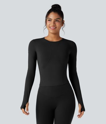 Top deportivo de yoga de manga larga con cuello redondo y abertura para el pulgar