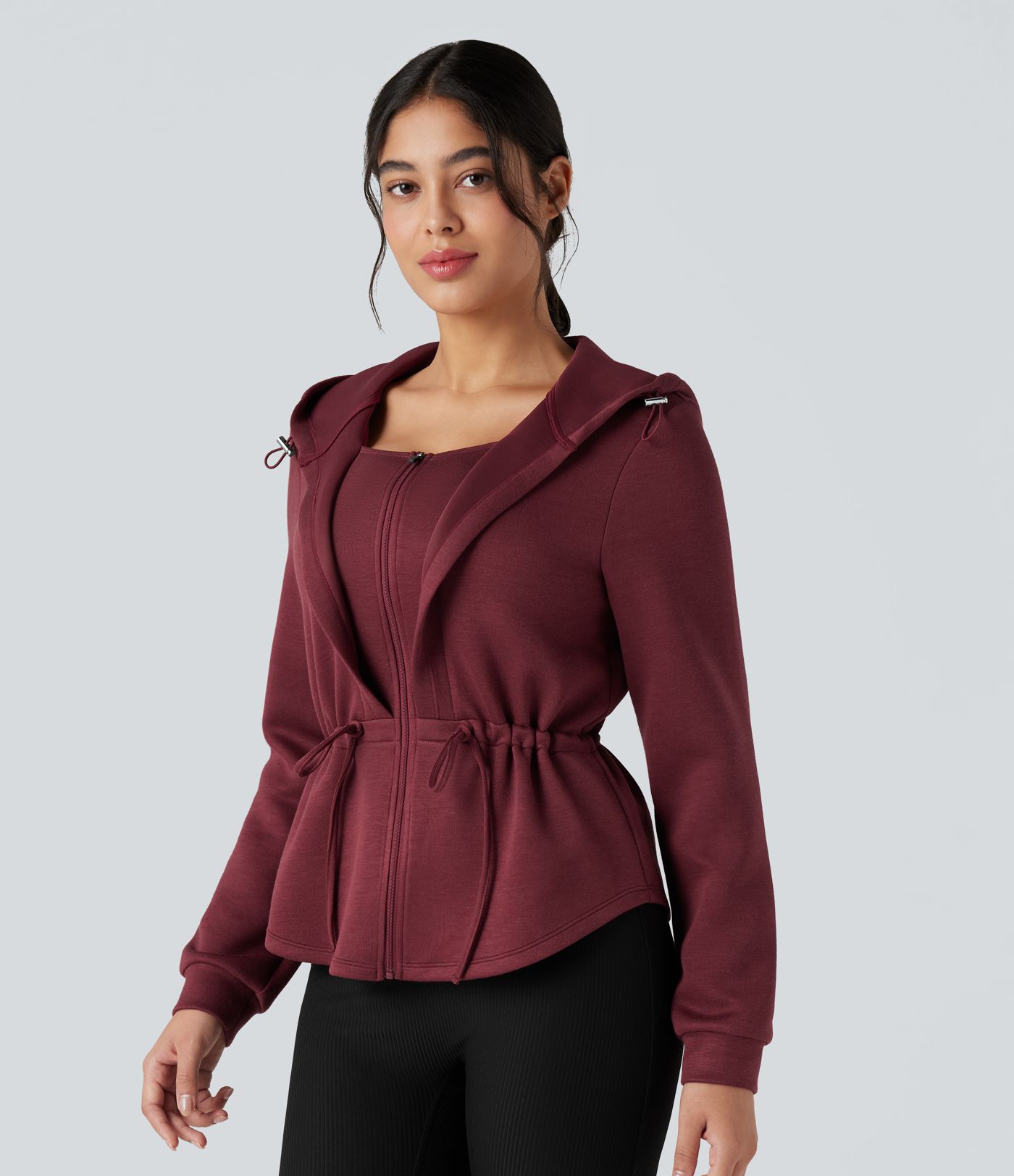 SpacerTek™ Hooded Long Sleeve Drawstring Zip Fly Curved Hem Workout Jacket