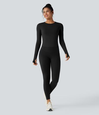 Top deportivo de yoga de manga larga con cuello redondo y abertura para el pulgar