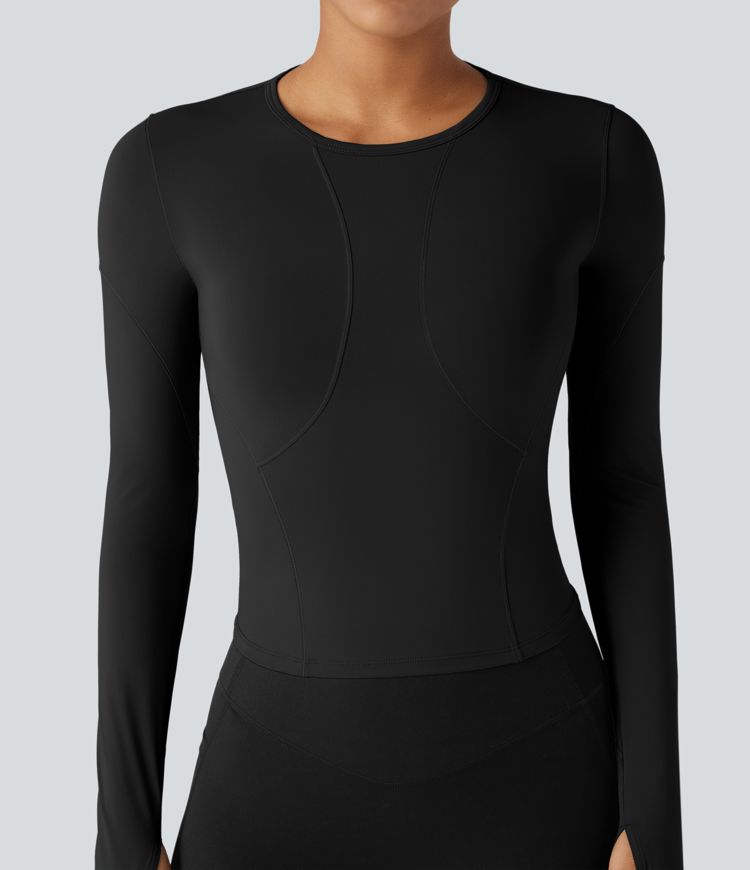 Top deportivo de yoga de manga larga con cuello redondo y abertura para el pulgar