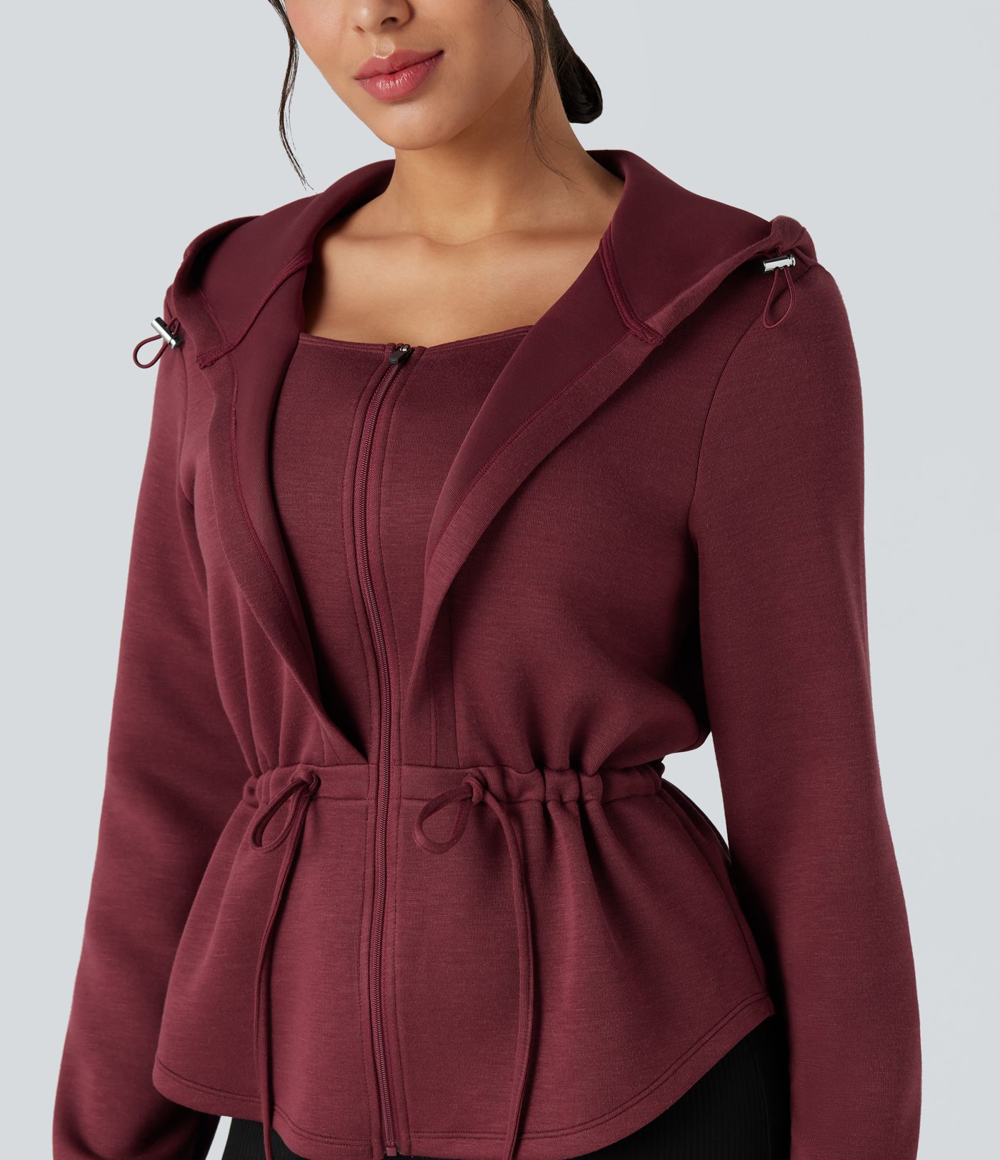 SpacerTek™ Hooded Long Sleeve Drawstring Zip Fly Curved Hem Workout Jacket