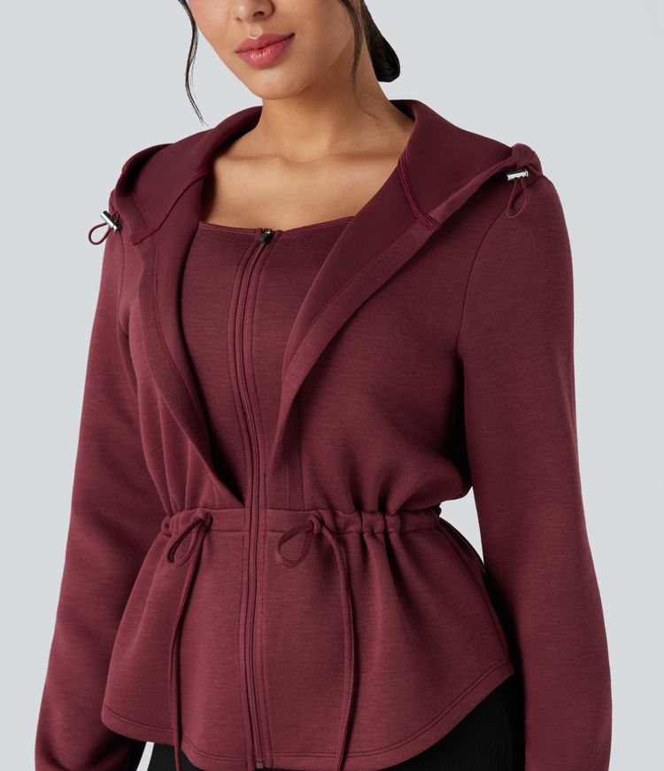 SpacerTek™ Hooded Long Sleeve Drawstring Zip Fly Curved Hem Workout Jacket