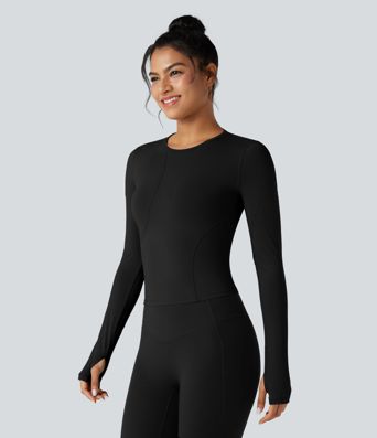 Top deportivo de yoga de manga larga con cuello redondo y abertura para el pulgar