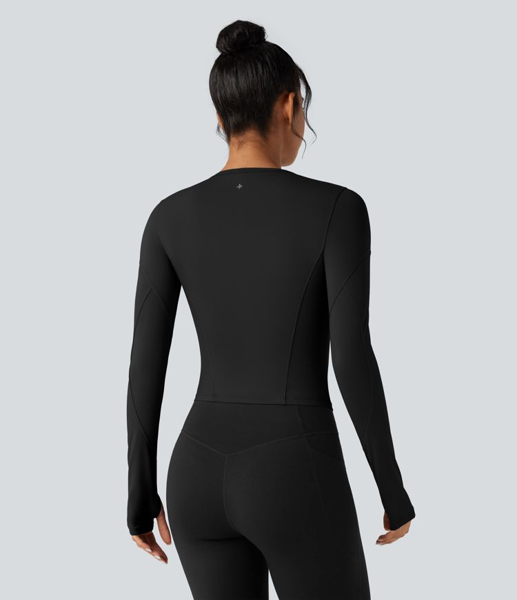 Top deportivo de yoga de manga larga con cuello redondo y abertura para el pulgar