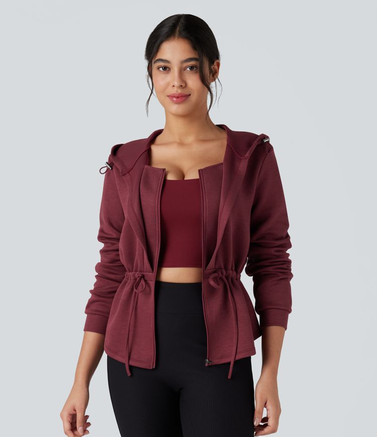 SpacerTek™ Hooded Long Sleeve Drawstring Zip Fly Curved Hem Workout Jacket