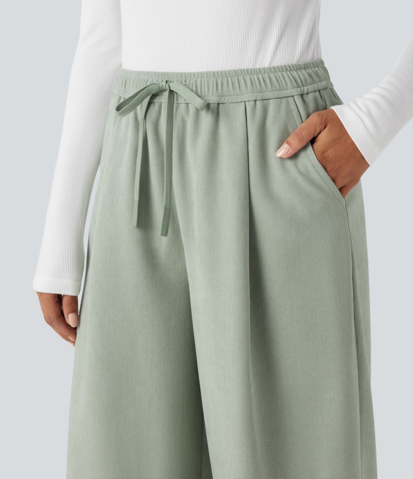 High Waisted Drawstring Wide Leg Casual Pants with Pockets