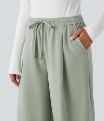 High Waisted Drawstring Wide Leg Casual Pants with Pockets