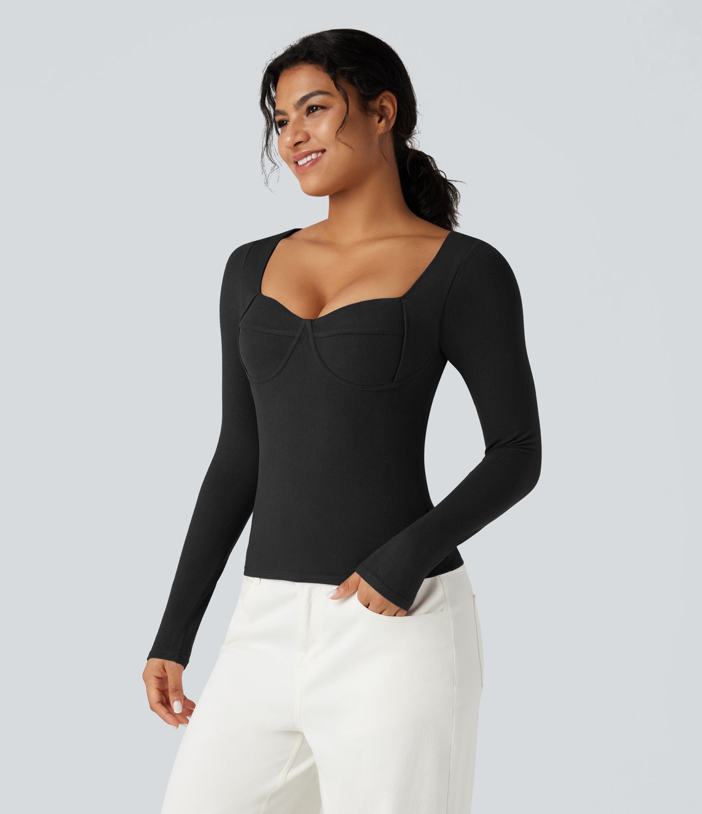 Halara HeatCore Sweetheart Neck Push-Up Long Sleeve Casual Warming Top A/B Cup