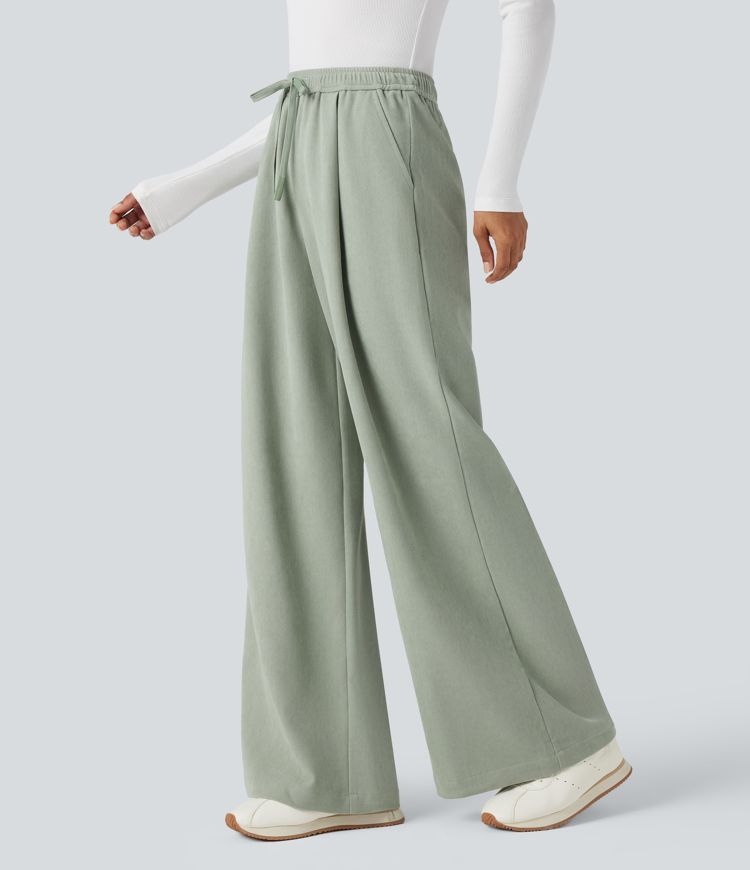 Women's High Waisted Drawstring Side Pocket Wide Leg Casual Linen