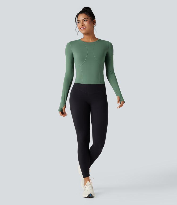 Round Neck Long Sleeve Thumb Hole Yoga Sports Top