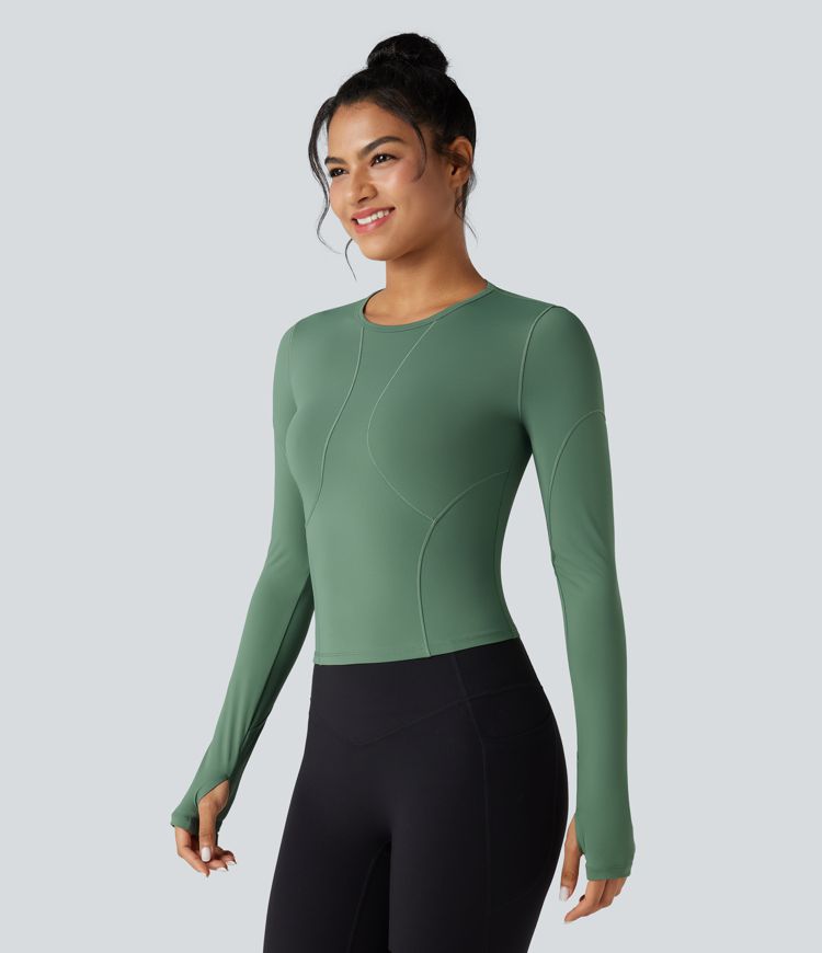 Round Neck Long Sleeve Thumb Hole Yoga Sports Top