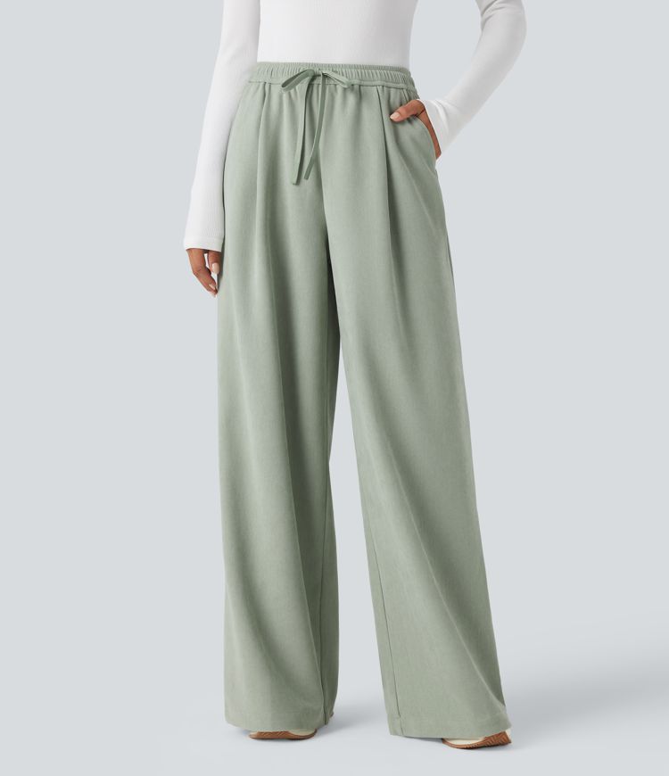 High Waisted Drawstring Wide Leg Casual Pants with Pockets