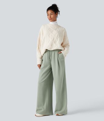High Waisted Drawstring Wide Leg Casual Pants with Pockets