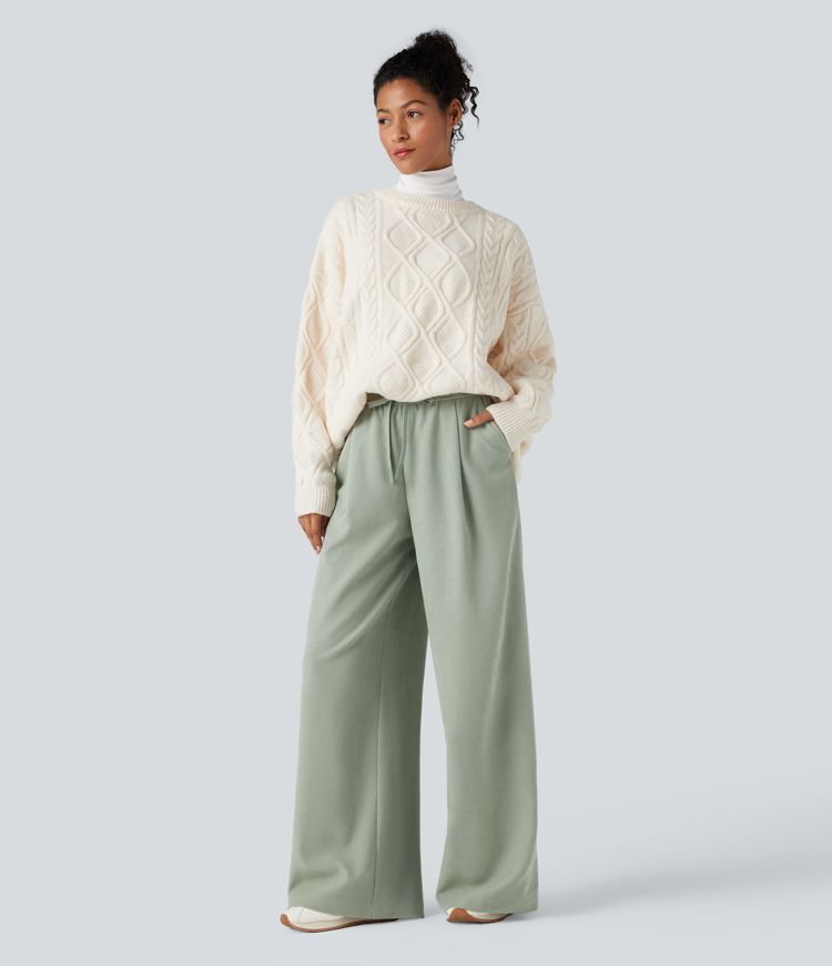 High Waisted Drawstring Wide Leg Casual Pants with Pockets