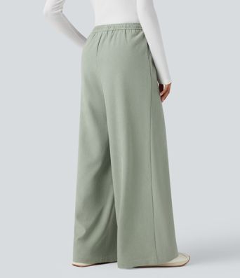 High Waisted Drawstring Wide Leg Casual Pants with Pockets
