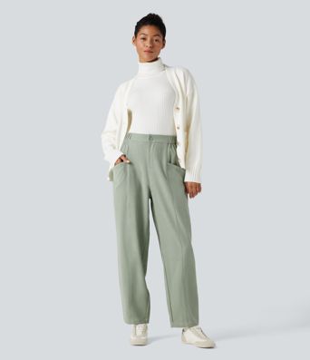High-waisted Casual Barrel Leg Trousers with Pockets