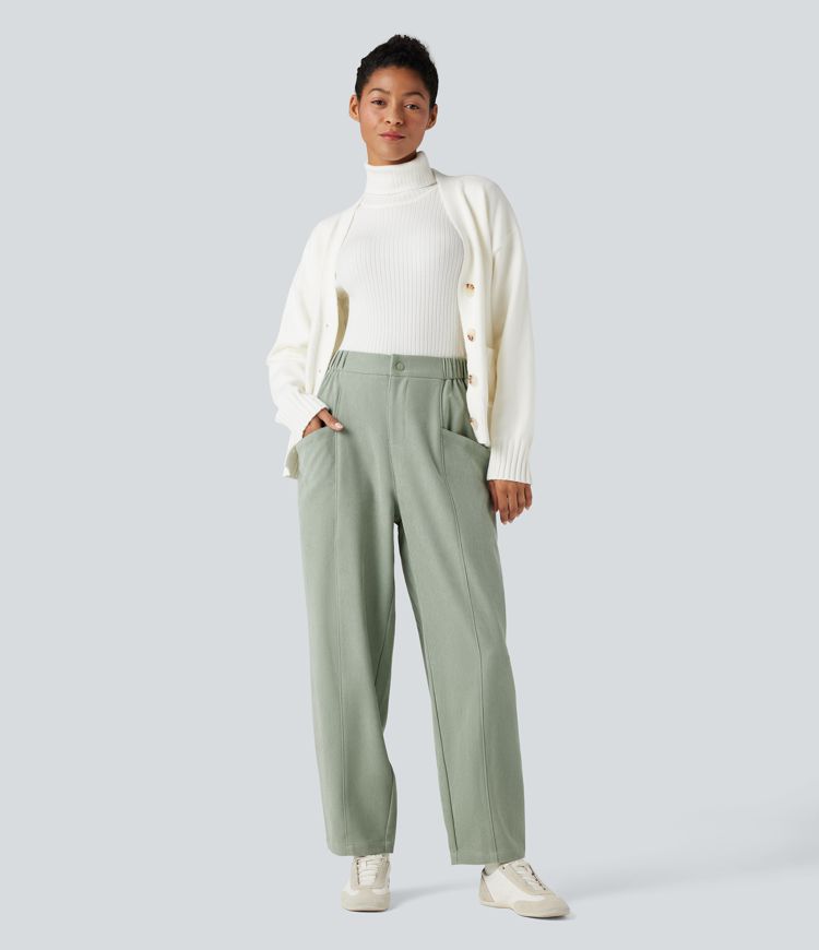 High-waisted Casual Barrel Leg Trousers with Pockets
