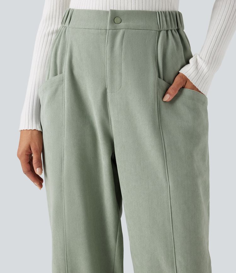 High-waisted Casual Barrel Leg Trousers with Pockets
