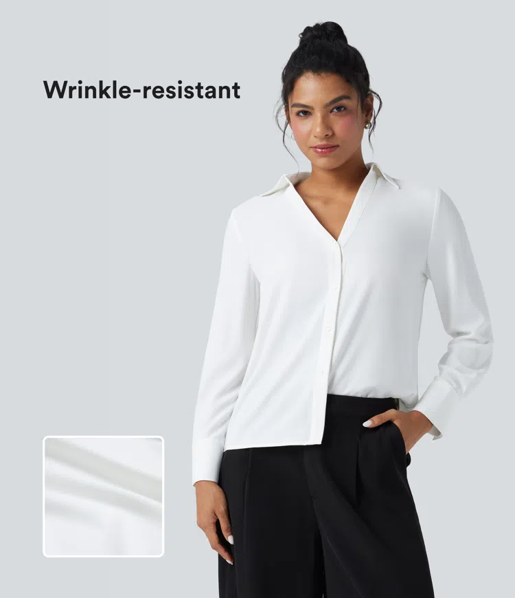 Blanco Camisa de oficina de gasa de manga larga con cuello en V antiarrugas / 1