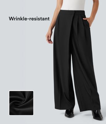 Wrinkle-resistant High Waisted Work Linen-Feel Babby Pants with Pockets