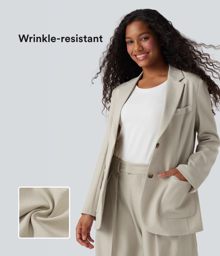 Blazer de travail anti-froissement aspect lin col cranté manches longues avec poches