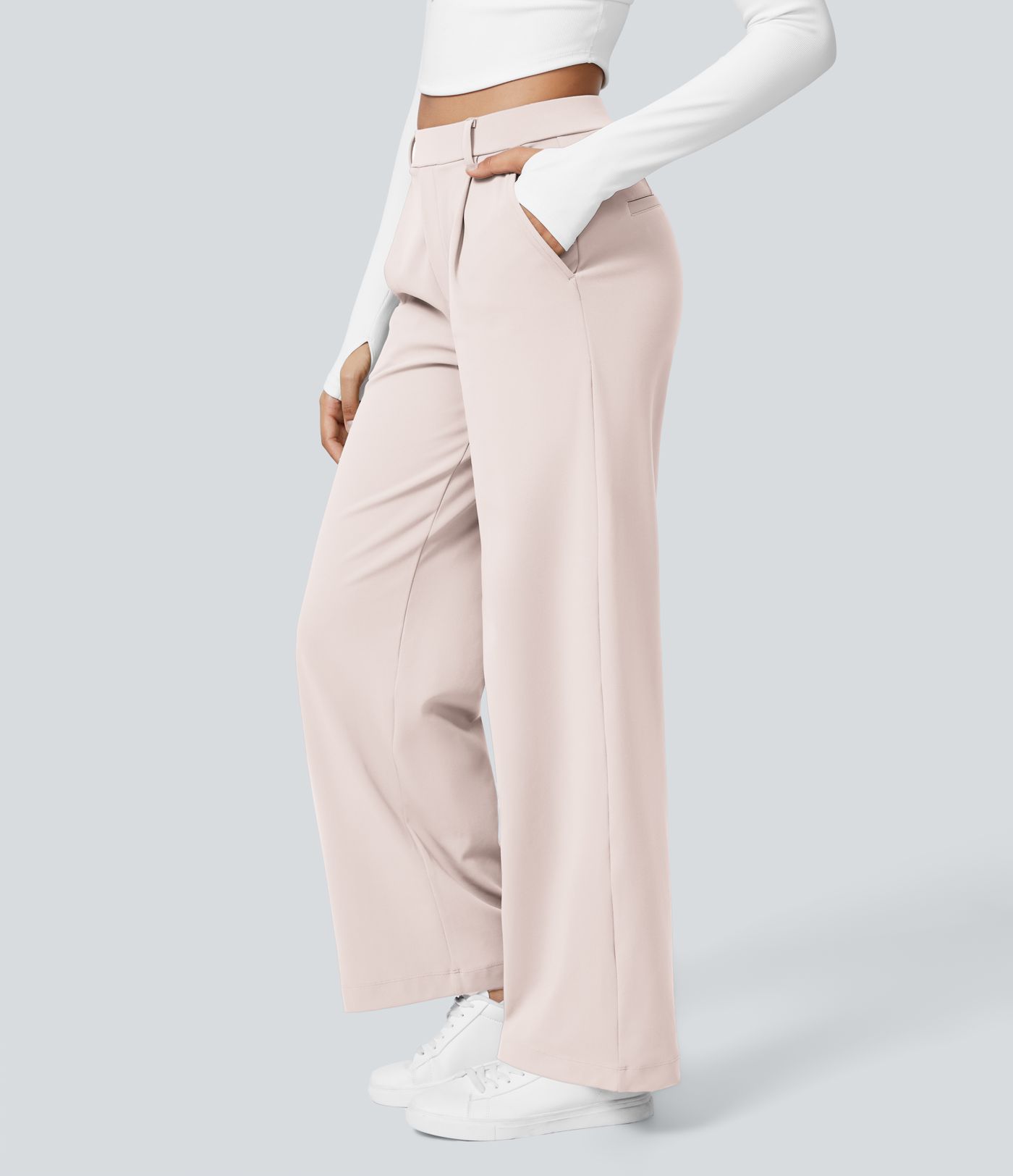 Halara Flex™ plissierte dehnbare Stoffhose mit hohem Bund, Seitentaschen und geradem Bein