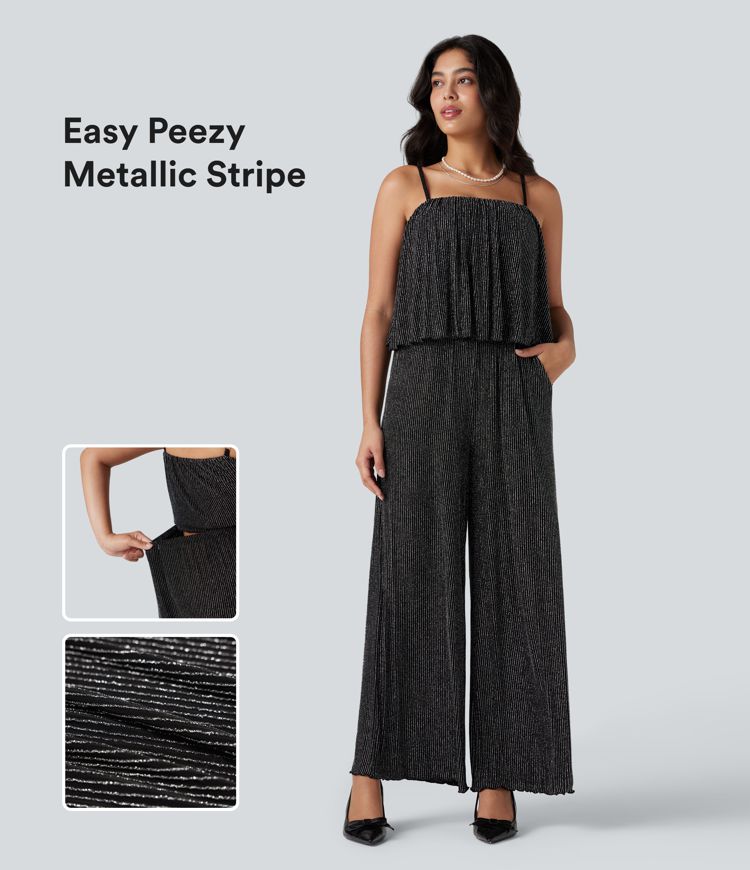 Ruffle Hem Sleeveless Metallic Stripe Casual Jumpsuit with Pockets-Easy Peezy