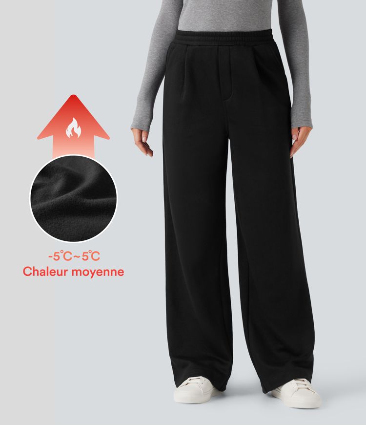 Pantalon jogging tailleur polaire coupe droite taille haute avec poches