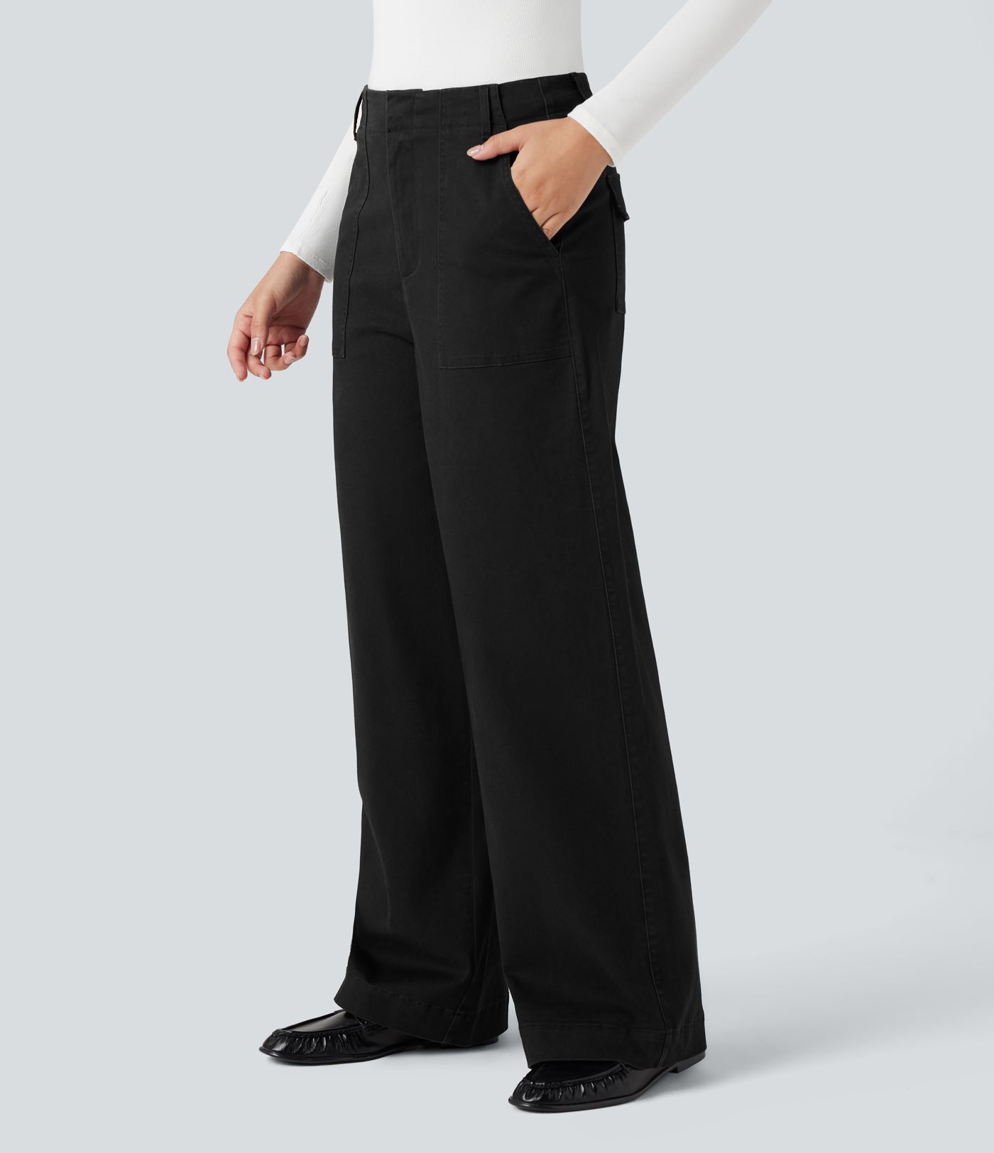 Miðháar, víðar chino-buxur úr bómull með vösum