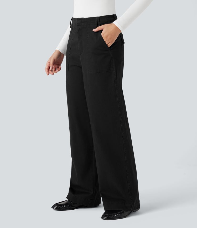 Miðháar, víðar chino-buxur úr bómull með vösum