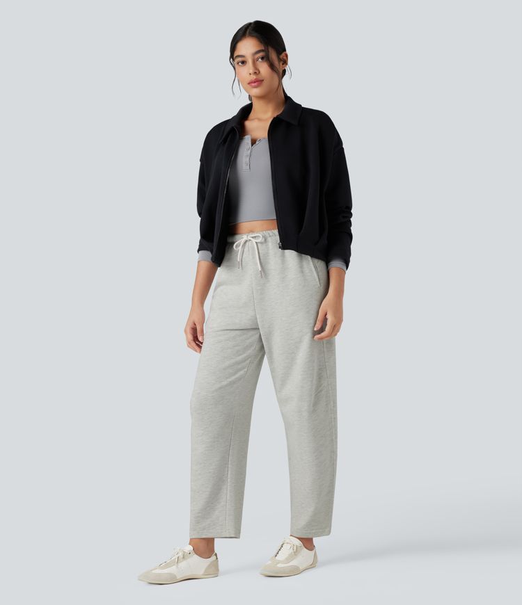 Pantalon barrel chiné taille haute avec cordon de serrage et poches