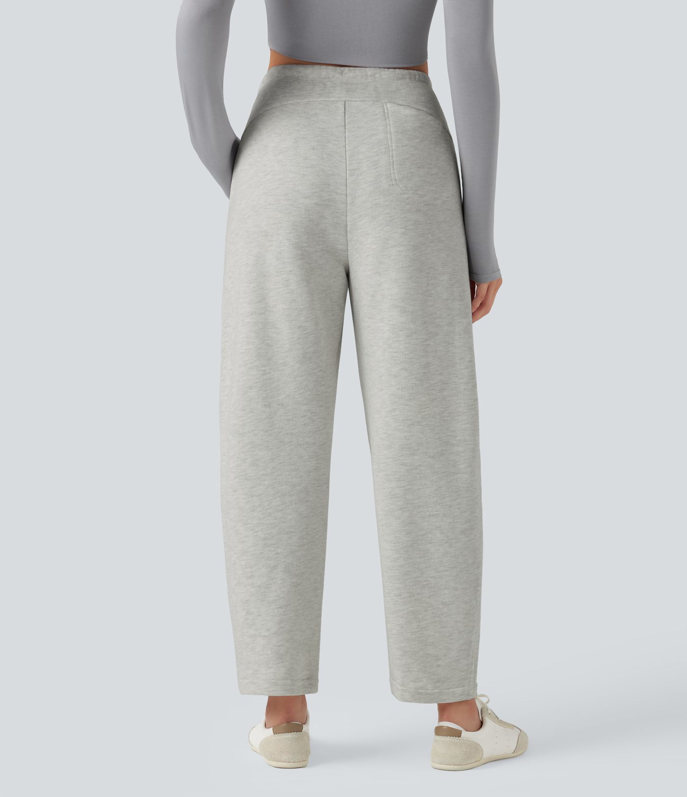 High-waisted Drawstring Heathered Casual Barrel Leg Trousers with Pockets