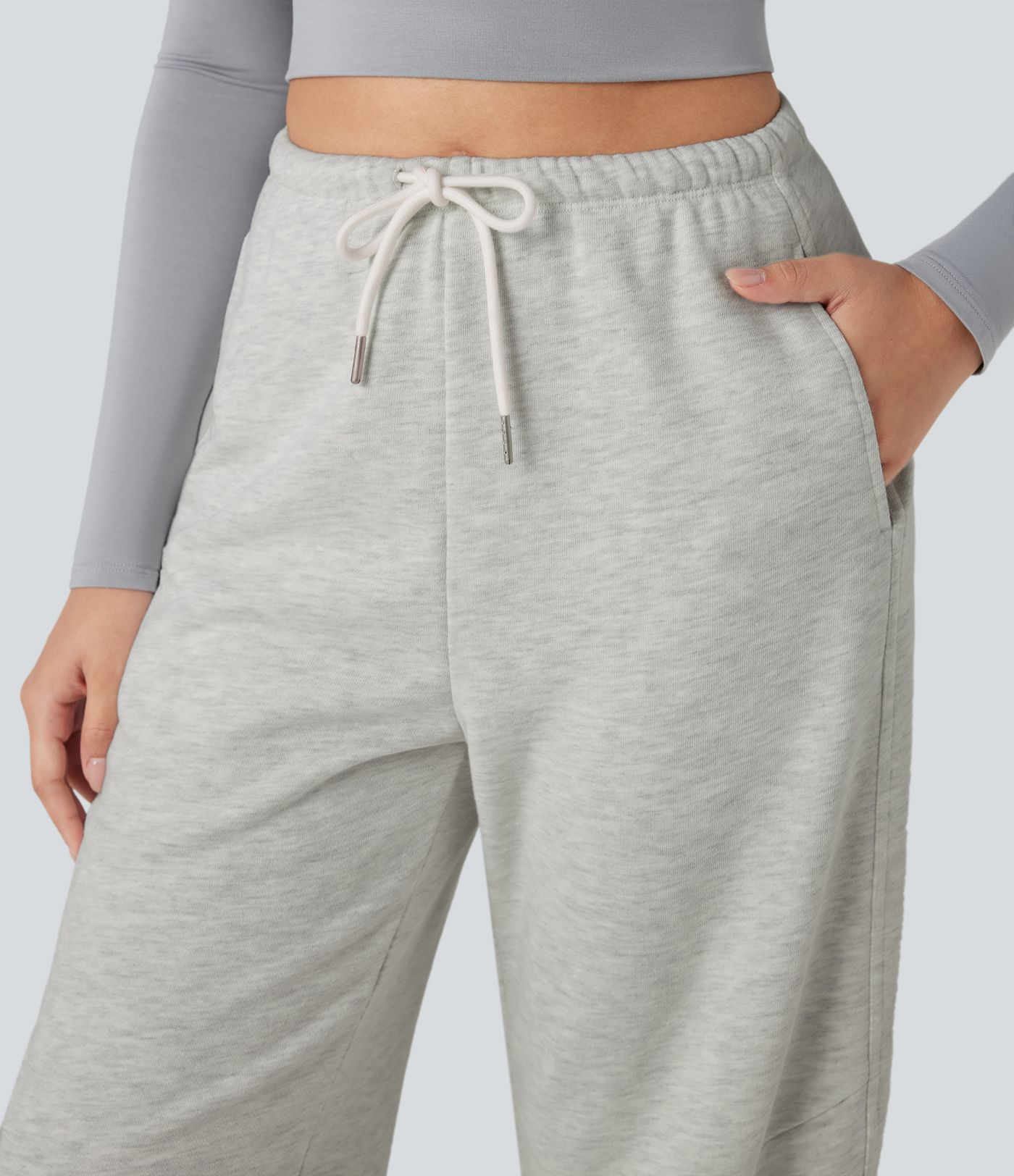 High-waisted Drawstring Heathered Casual Barrel Leg Trousers with Pockets