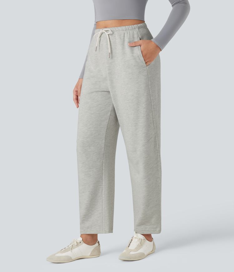 Pantalon barrel chiné taille haute avec cordon de serrage et poches