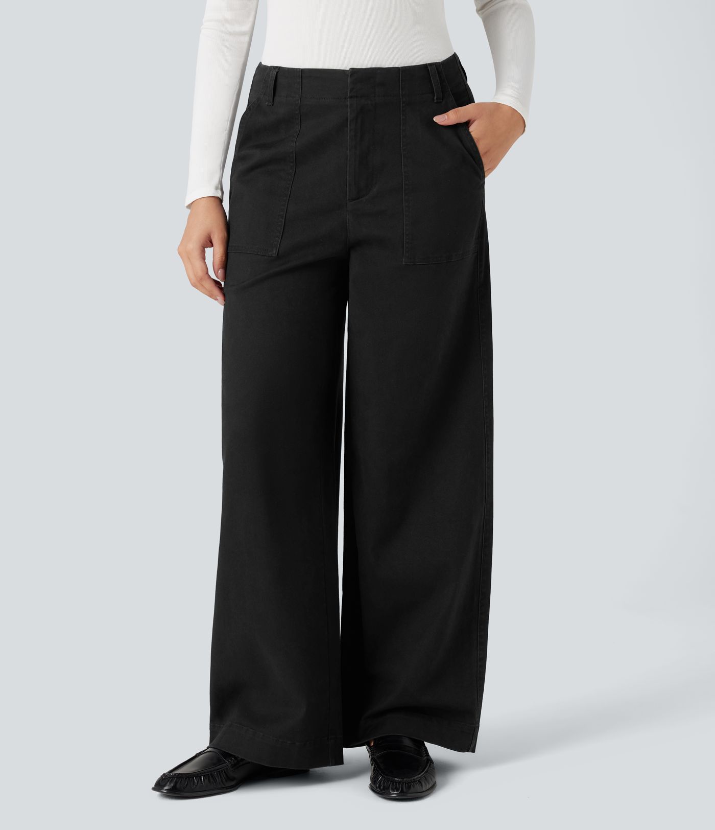 Miðháar, víðar chino-buxur úr bómull með vösum