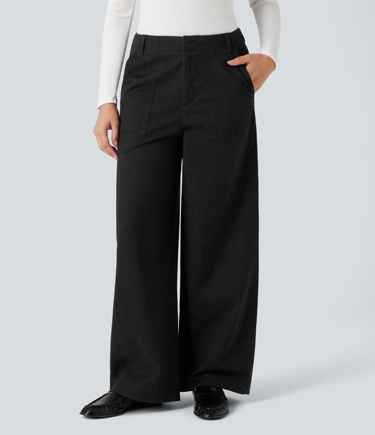 Miðháar, víðar chino-buxur úr bómull með vösum