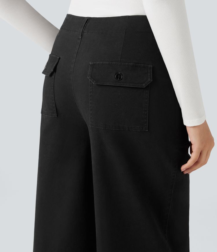 Miðháar, víðar chino-buxur úr bómull með vösum