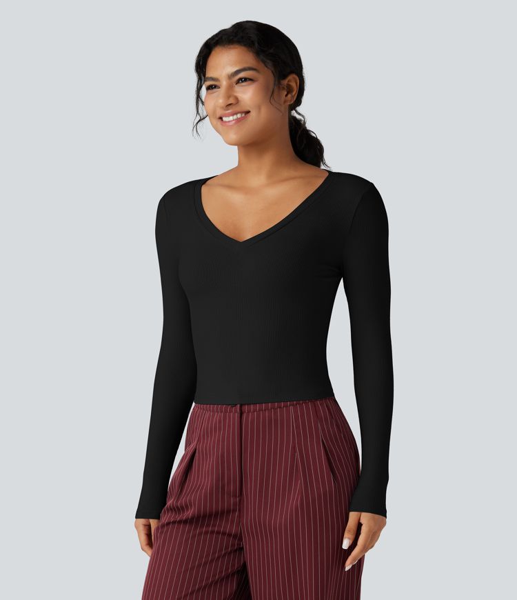 T-shirt tailleur côtelé court col V manches longues